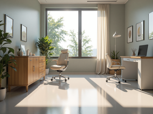 现代办公环境，心理咨询师在温馨的咨询室中工作，墙上挂着心理学相关证书和装饰品