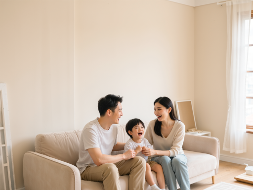 温馨家庭场景，父母与孩子和谐相处，阳光透过窗户洒在客厅里，营造温暖的家庭氛围