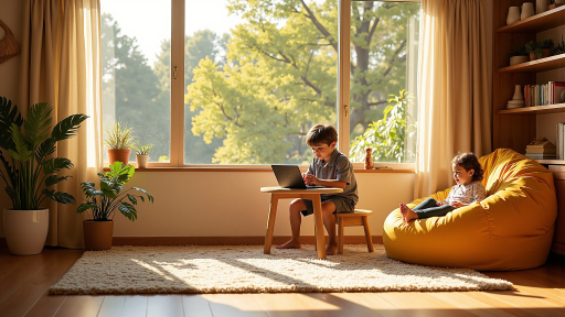 阳光透过窗户照进温馨的客厅，父母与孩子围坐在一起阅读书籍，画面充满爱意